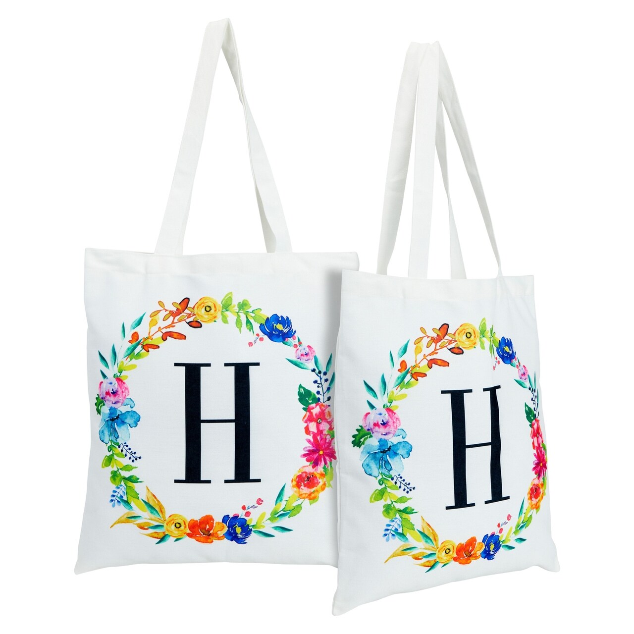 Okuna Outpost Canvas Tote Bag Set of 2-29in Long, White, Letter H - Reusable Personalized Canvas Tote with Slip Pocket & Floral Monogram - Beach Bag for Women